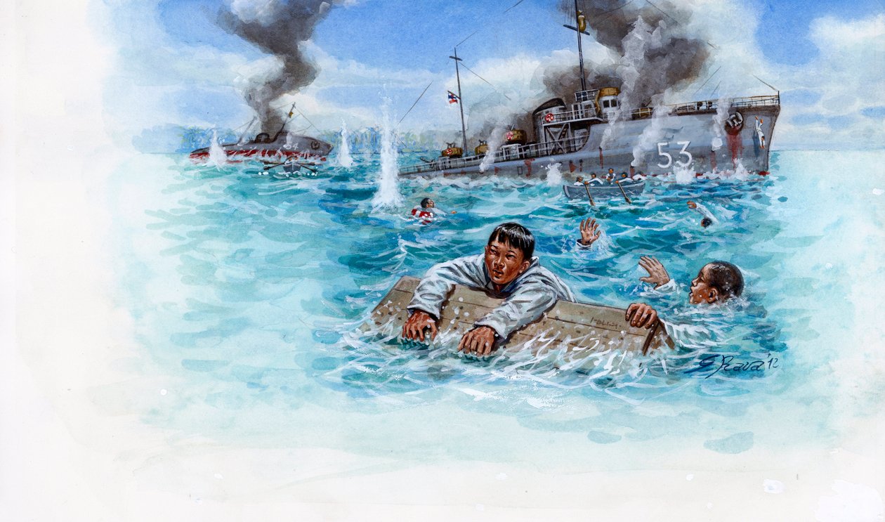Frans-Thaise Oorlog (1940-1941): zeeslag tussen het leger van Thailand van Generaal Plaek Pibulsonggram genaamd Phibun en het Franse leger van de regering van Vichy in Indochina - Illustratie door Giuseppe Rava door Giuseppe Rava