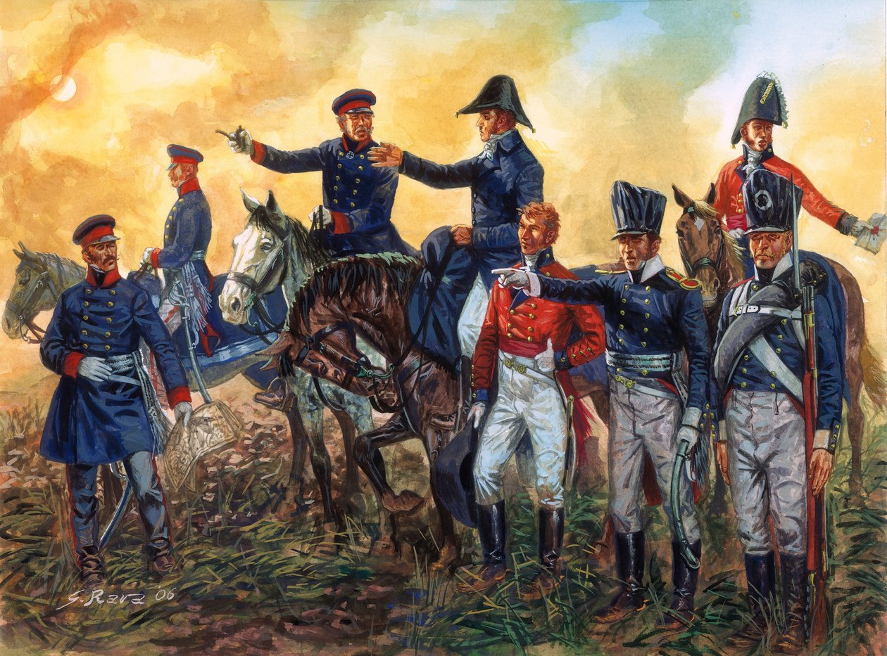 Napoleontische Oorlog: Arthur Wellesley, hertog van Wellington, en Gebhard Leberecht von Blucher bij de Slag van Waterloo 18 juni 1815 - Illustratie door Giuseppe Rava door Giuseppe Rava
