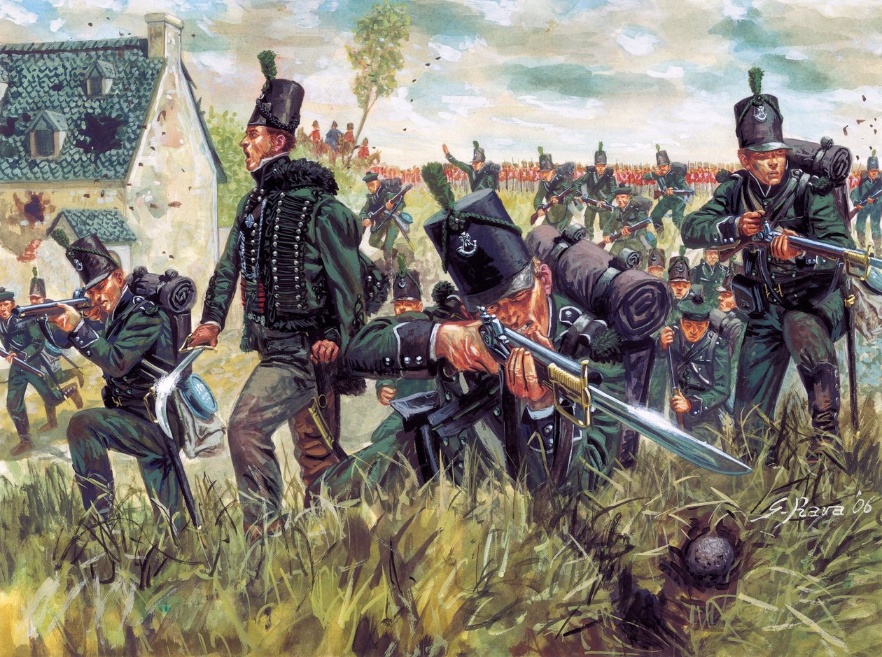 Napoleontische Oorlog: Britse scherpschutters van het 95e Regiment verdedigen een zandgroeve bij de Slag van Waterloo 18 juni 1815 - Illustratie door Giuseppe Rava door Giuseppe Rava