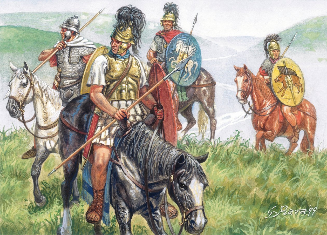 Romeinse oudheid (Republiek): een groep Romeinse ruiters - Illustratie door Giuseppe Rava door Giuseppe Rava