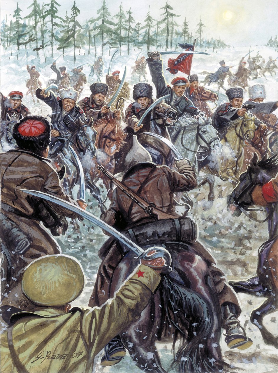 Russische Burgeroorlog (1917-1923): Kaukasische soldaten aan de zijde van de Witte Legers in 1919 - Illustratie door Giuseppe Rava door Giuseppe Rava