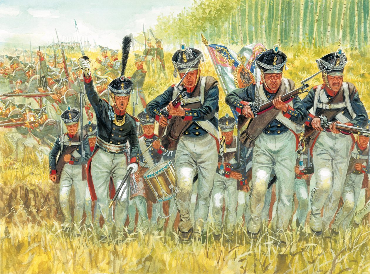 Russische campagne: Russische linie-infanterie tegen het leger van Napoleon I in 1812 door Giuseppe Rava