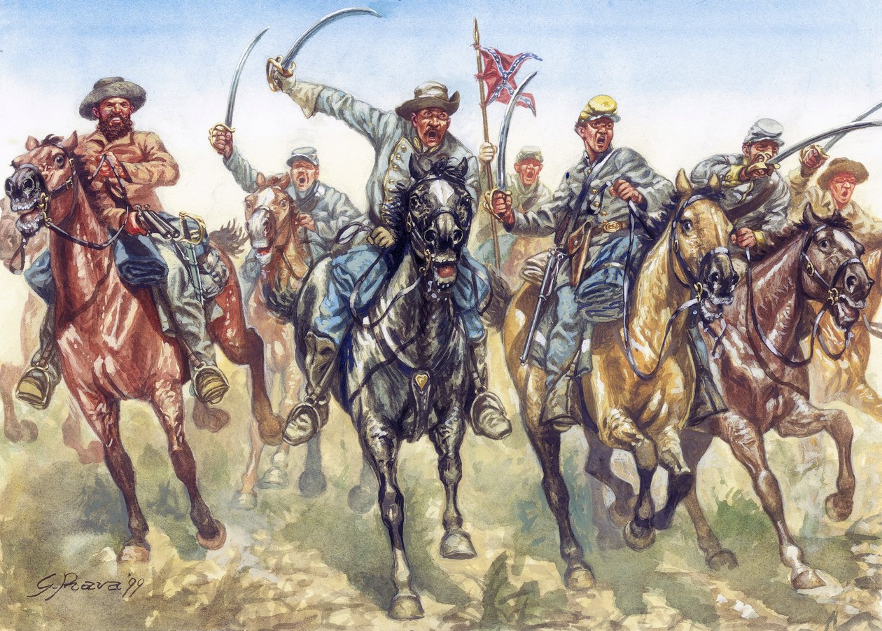 Secessieoorlog (1861-1865) - Amerikaanse burgeroorlog: de cavalerie van de confederatie die aanvalt - Illustratie door Giuseppe Rava door Giuseppe Rava