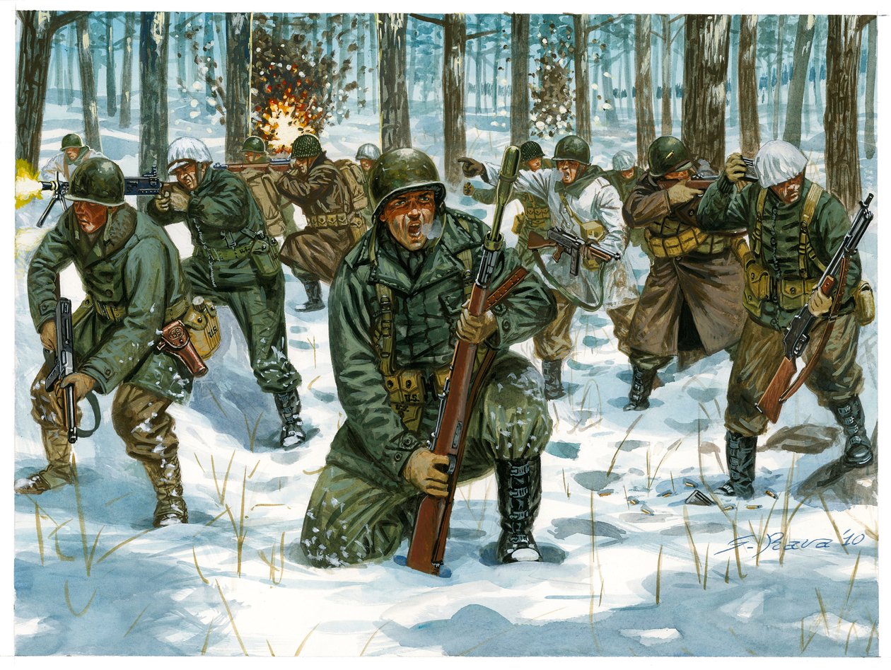 Tweede Wereldoorlog: Amerikaanse infanterieoffensief tijdens de Slag om de Ardennen in Bastogne, december 1944 - Illustratie door Giuseppe Rava door Giuseppe Rava