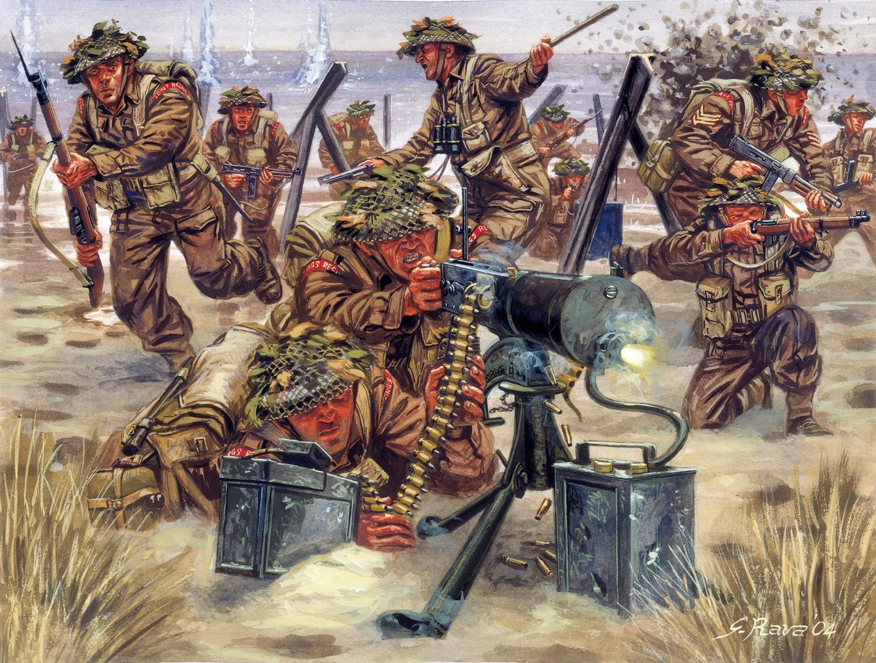 Tweede Wereldoorlog: Landing in Normandië in juni 1944, Engelse soldaten - WOII: Normandië landingen, de Britse troepen, 6 juni 1944 - Illustratie door Giuseppe Rava door Giuseppe Rava