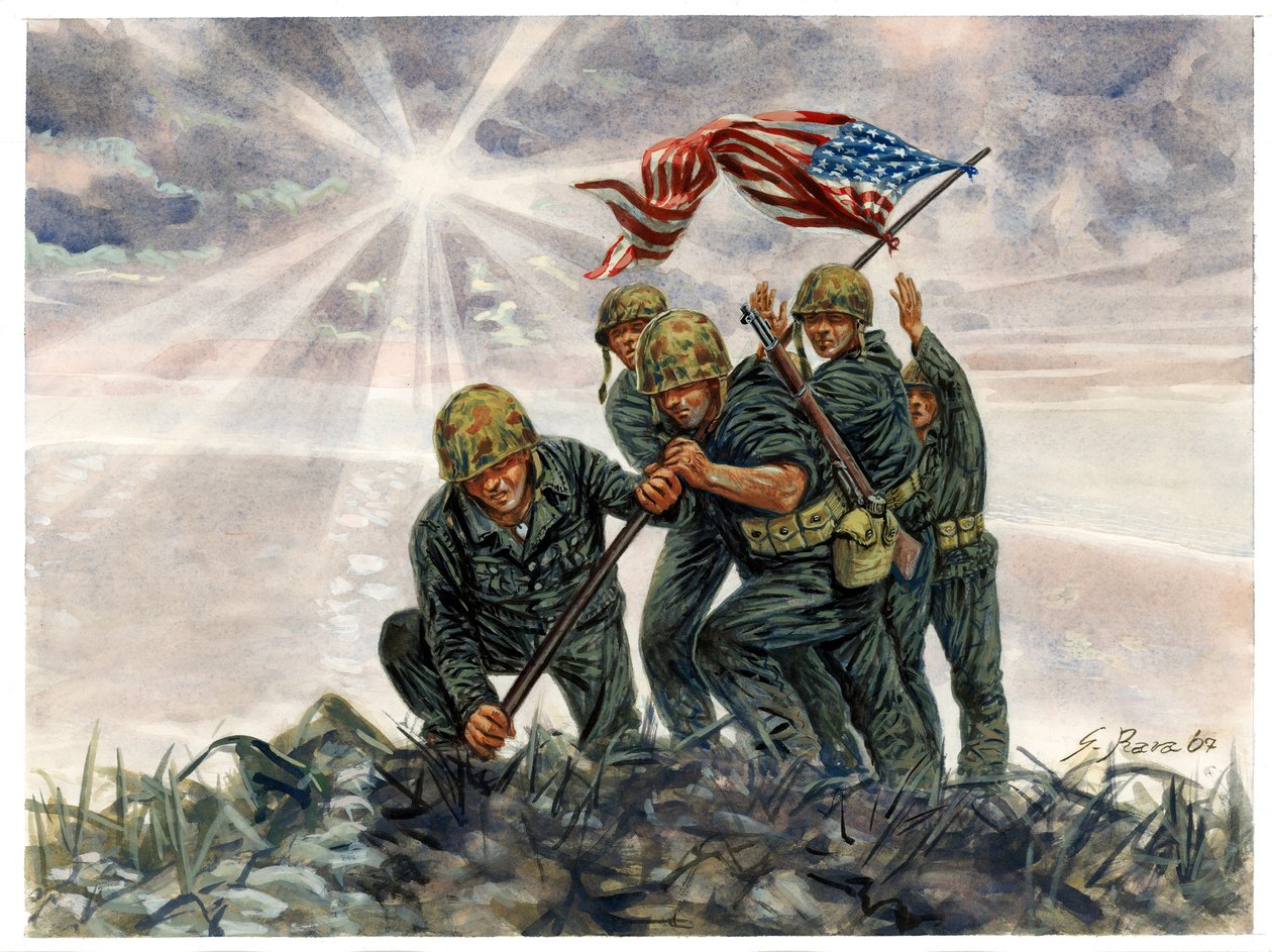 Tweede Wereldoorlog, Pacifische Oorlog: Slag om Iwo Jima, overwinning van de Amerikaanse mariniers in februari 1945 - WOII, Pacifische oorlog: Slag om Iwo Jima (Operatie Detachment), de Amerikaanse mariniers hijsen de Amerikaanse vlag, februari 1945, Japan door Giuseppe Rava