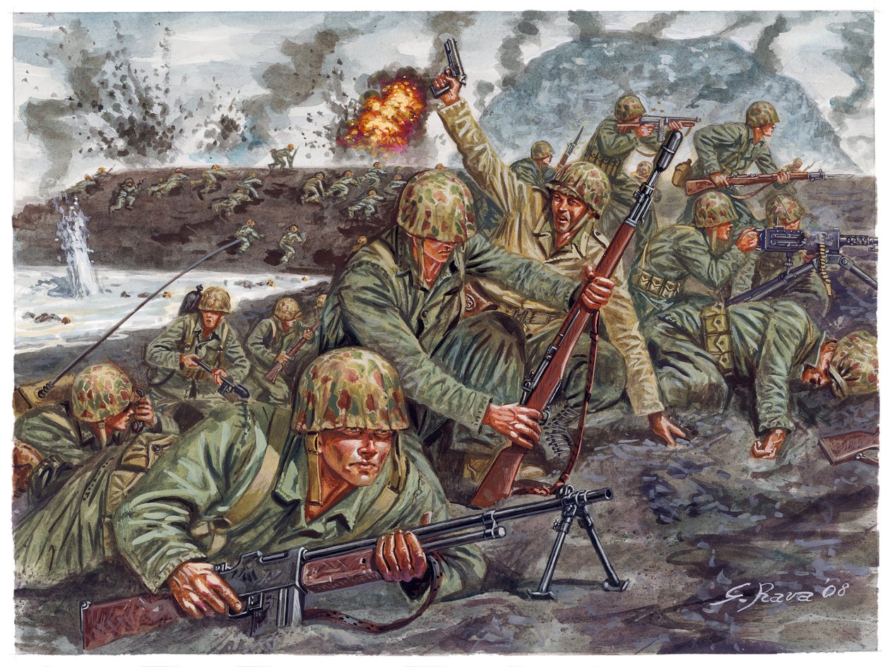 Tweede Wereldoorlog, Pacifische Oorlog: Landing op 19/02/1945 tijdens de Slag om Iwo Jima door Giuseppe Rava