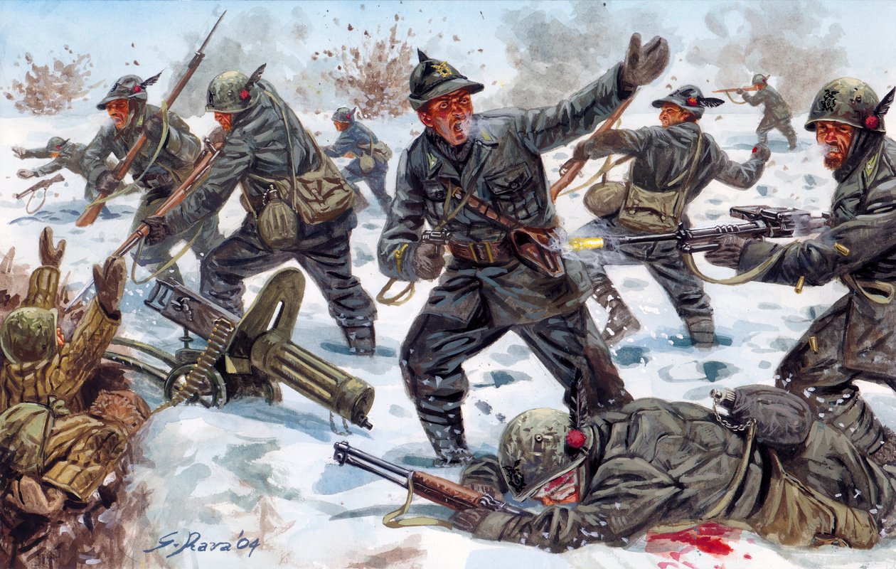 Tweede Wereldoorlog, Russisch Front: Italiaanse Alpenjagers in Rusland in januari 1943 - Illustratie door Giuseppe Rava door Giuseppe Rava