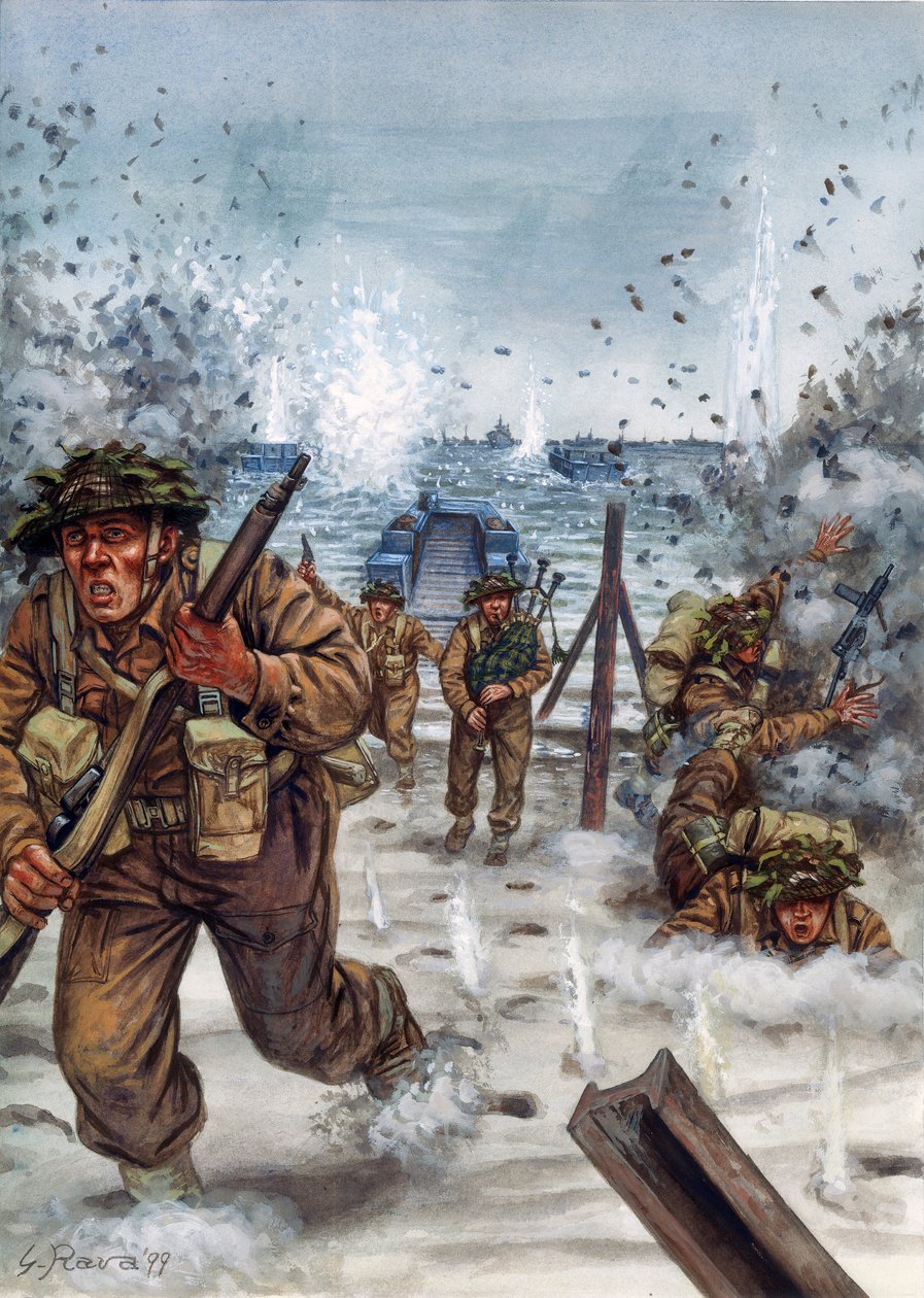 Tweede Wereldoorlog: Schotse soldaten tijdens de landing in Normandië 6/06/1944 - Illustratie door Giuseppe Rava door Giuseppe Rava