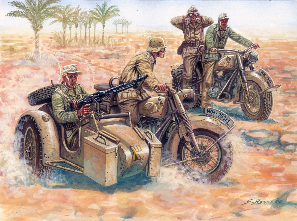 Tweede Wereldoorlog: het Deutsches Afrikakorps (DAK Afrika Korps) rijdt in zijspannen BMW door de Libische woestijn door Giuseppe Rava