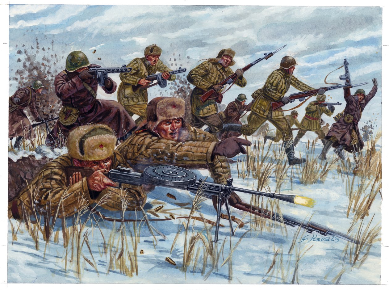Tweede Wereldoorlog: Russische infanteriesoldaten die oprukken op het slagveld - Illustratie door Giuseppe Rava door Giuseppe Rava