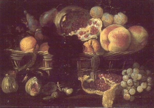 Een mand met fruit en een bord met fruit door Giuseppe Recco