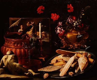 Stilleven met Bloemen in een Vergulde Urn, een Schilderij en Taarten op een Schotel door Giuseppe Recco