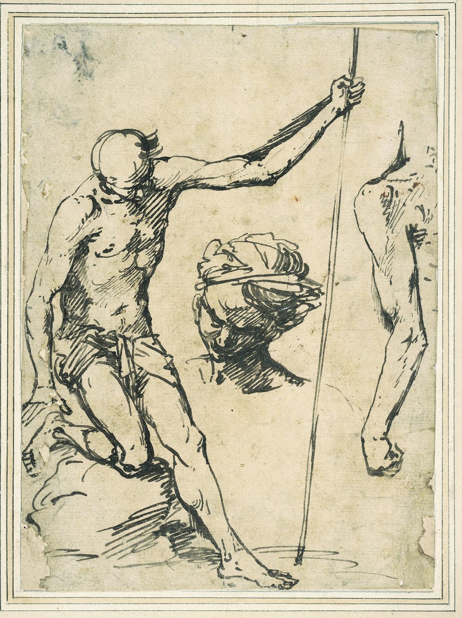 Figurenstudies: man met een paal, hoofd van een man met een tulband, en een linkerarm gezien van achteren door Giuseppe Ribera