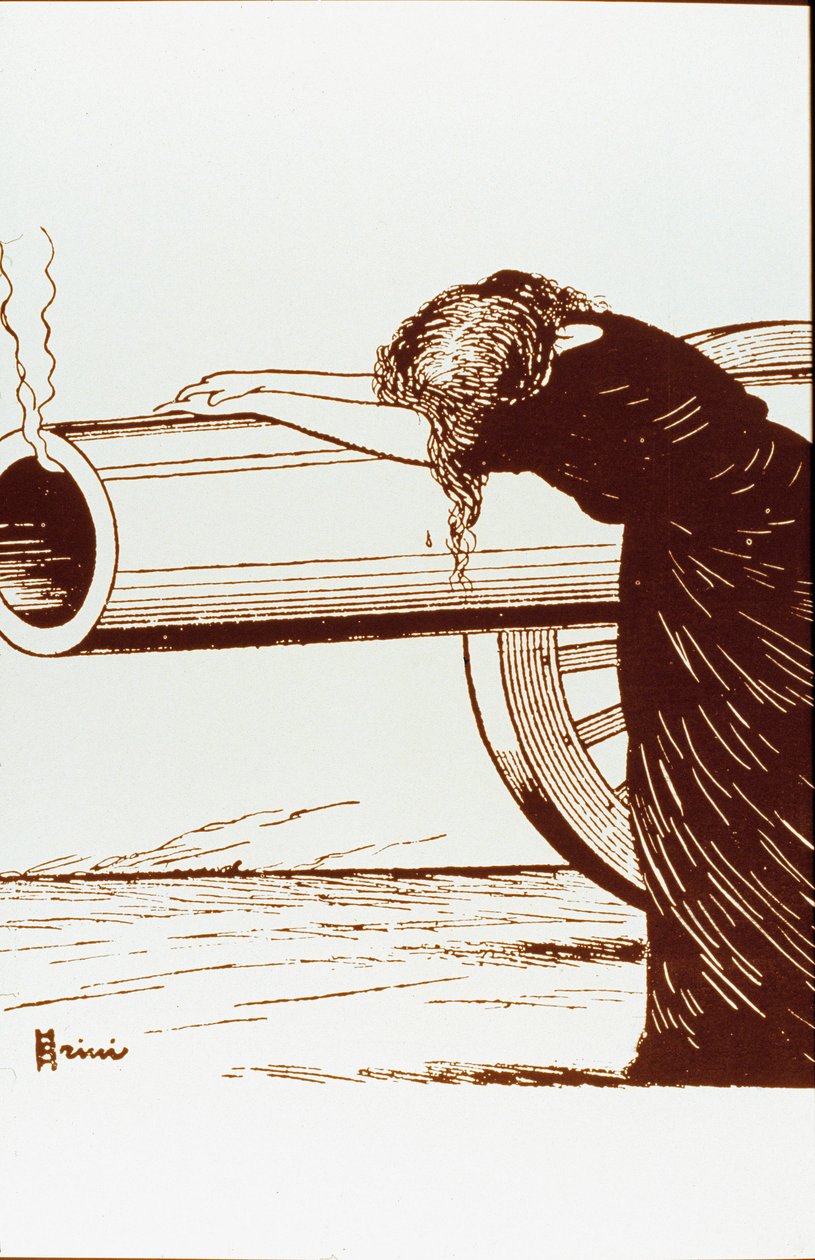 Eerste Wereldoorlog: een allegorie van oorlog, een vrouw, waarschijnlijk weduwe, in wanhoop, leunt op een nog rokend kanon door Giuseppe Scalarini