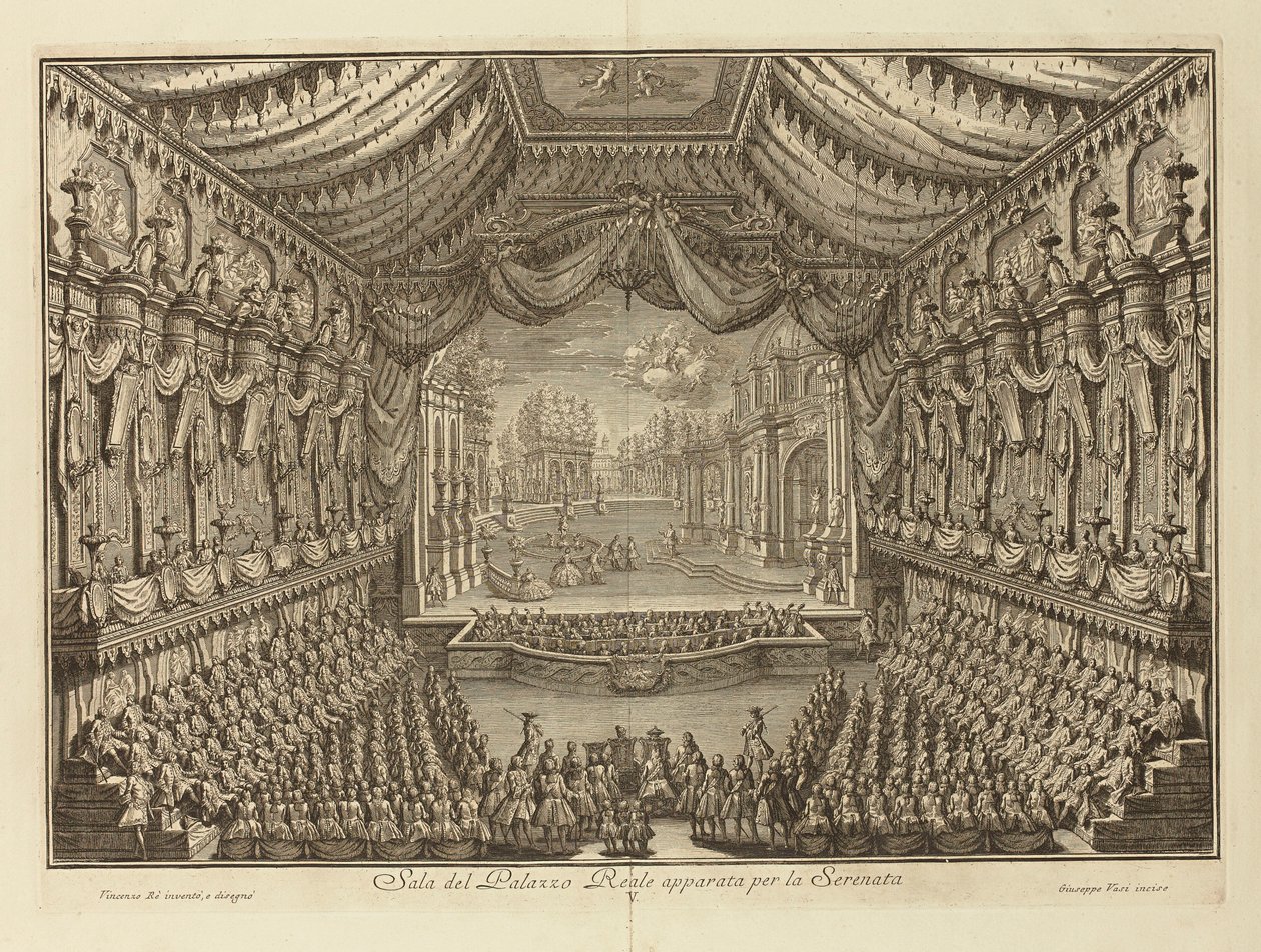 De uitvoering van La Serenata in het Koninklijk Paleis van Napels door Giuseppe Vasi