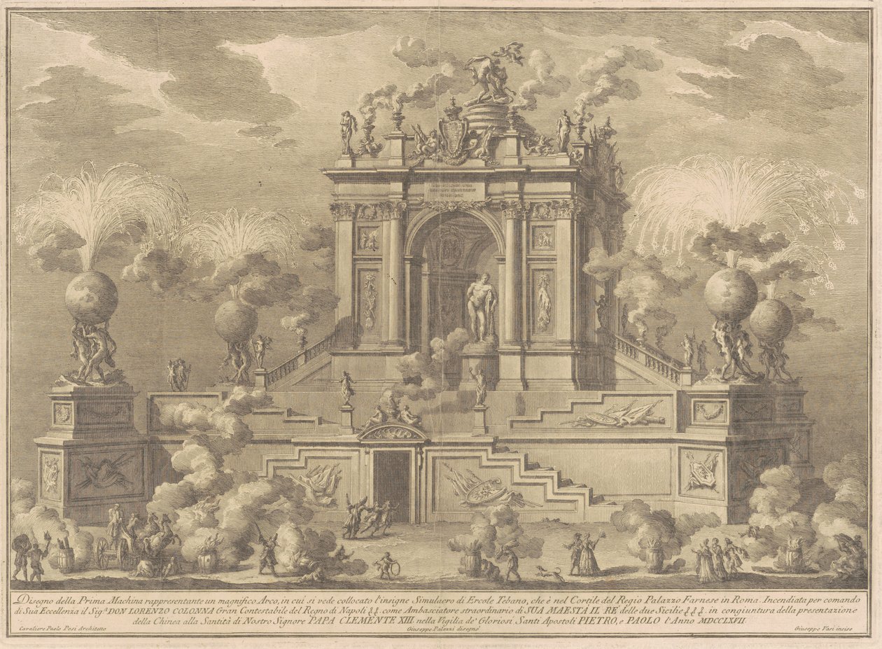 De Prima Macchina voor de Chinea van 1767: Een triomfboog met de Farnese Hercules, 1767 door Giuseppe Vasi