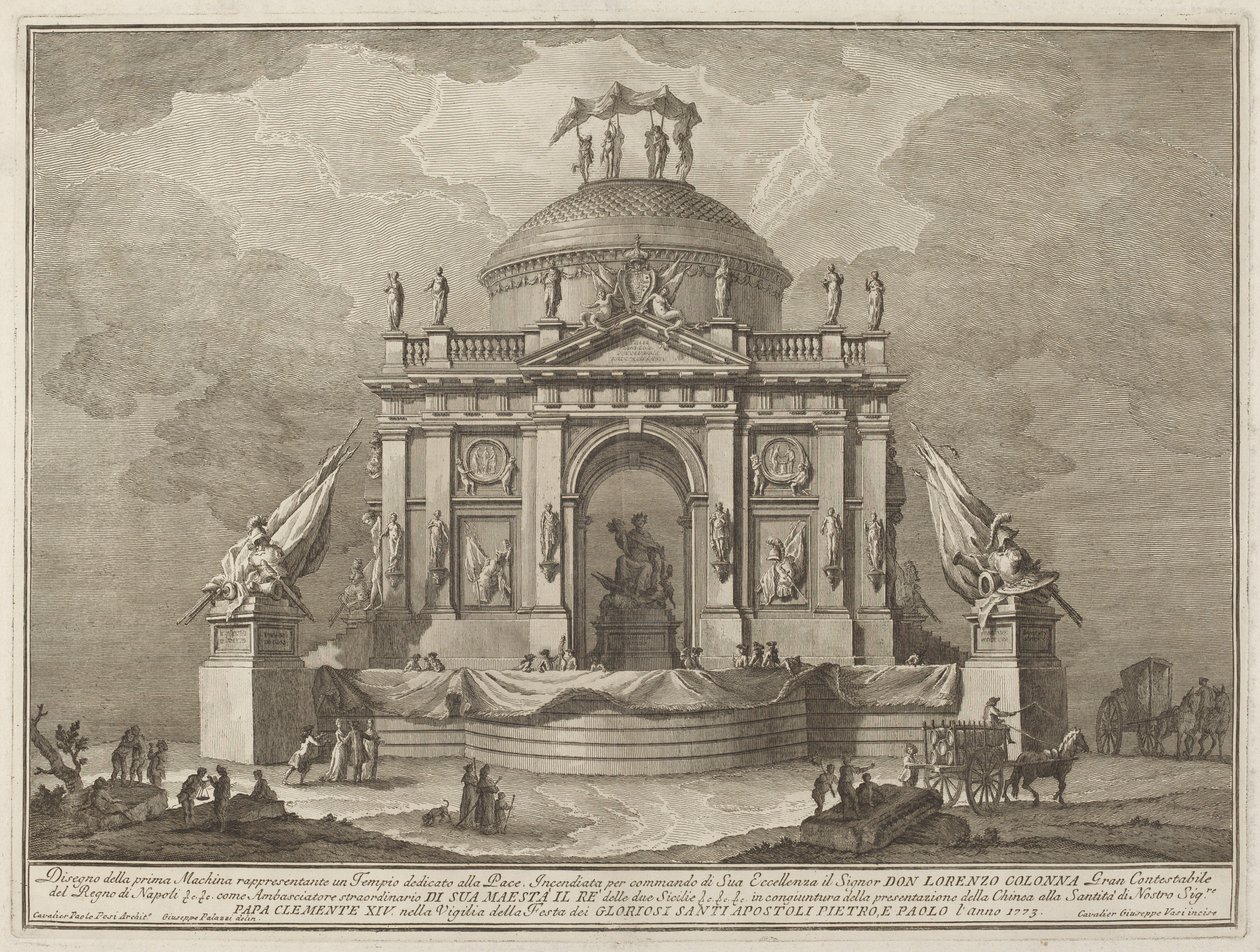 Een Tempel Gewijd aan de Vrede, voor het "Chinea" Festival door Giuseppe Vasi after Giuseppe Palazzi