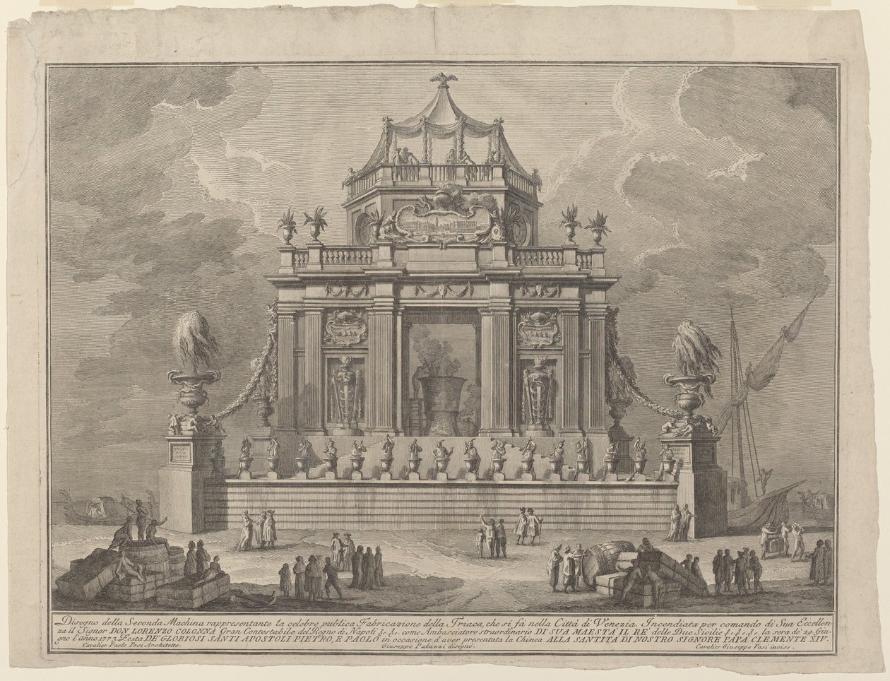 De voorbereiding van Theriac in Venetië, voor het "Chinea"-festival door Giuseppe Vasi after Giuseppe Palazzi