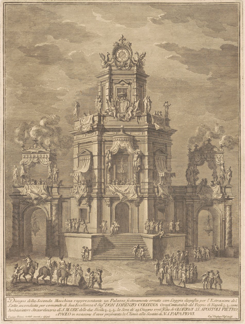 De Seconda Macchina voor de Chinea van 1776: Een paleis met een loggia voor de loterijtrekking door Giuseppe Vasi, after Giuseppe Palazzi