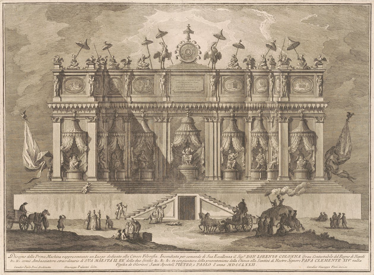 De Prima Macchina voor de Chinea van 1772: Een gebouw gewijd aan de Chinese filosofie door Giuseppe Vasi, after Giuseppe Palazzi, after Paolo Posi