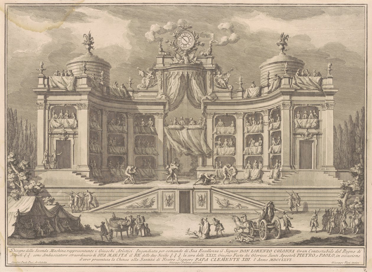 De Tweede Macchina voor de Chinea van 1766: Een Theater voor Atletische Spelen door Giuseppe Vasi, after Giuseppe Palazzi, after Paolo Posi