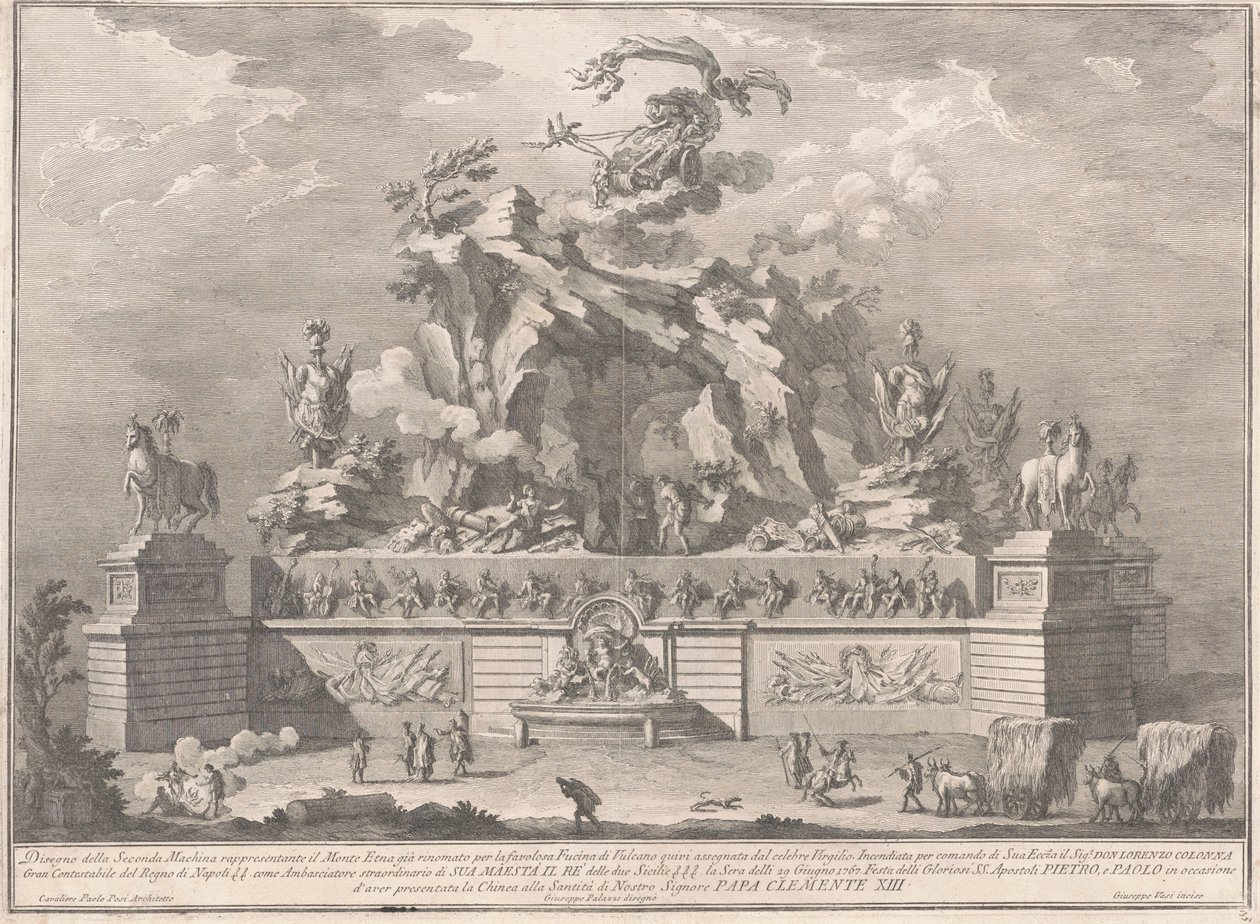 De Tweede Macchina voor de Chinea van 1767: De Etna met de Smidse van Vulcanus door Giuseppe Vasi, after Giuseppe Palazzi, after Paolo Posi