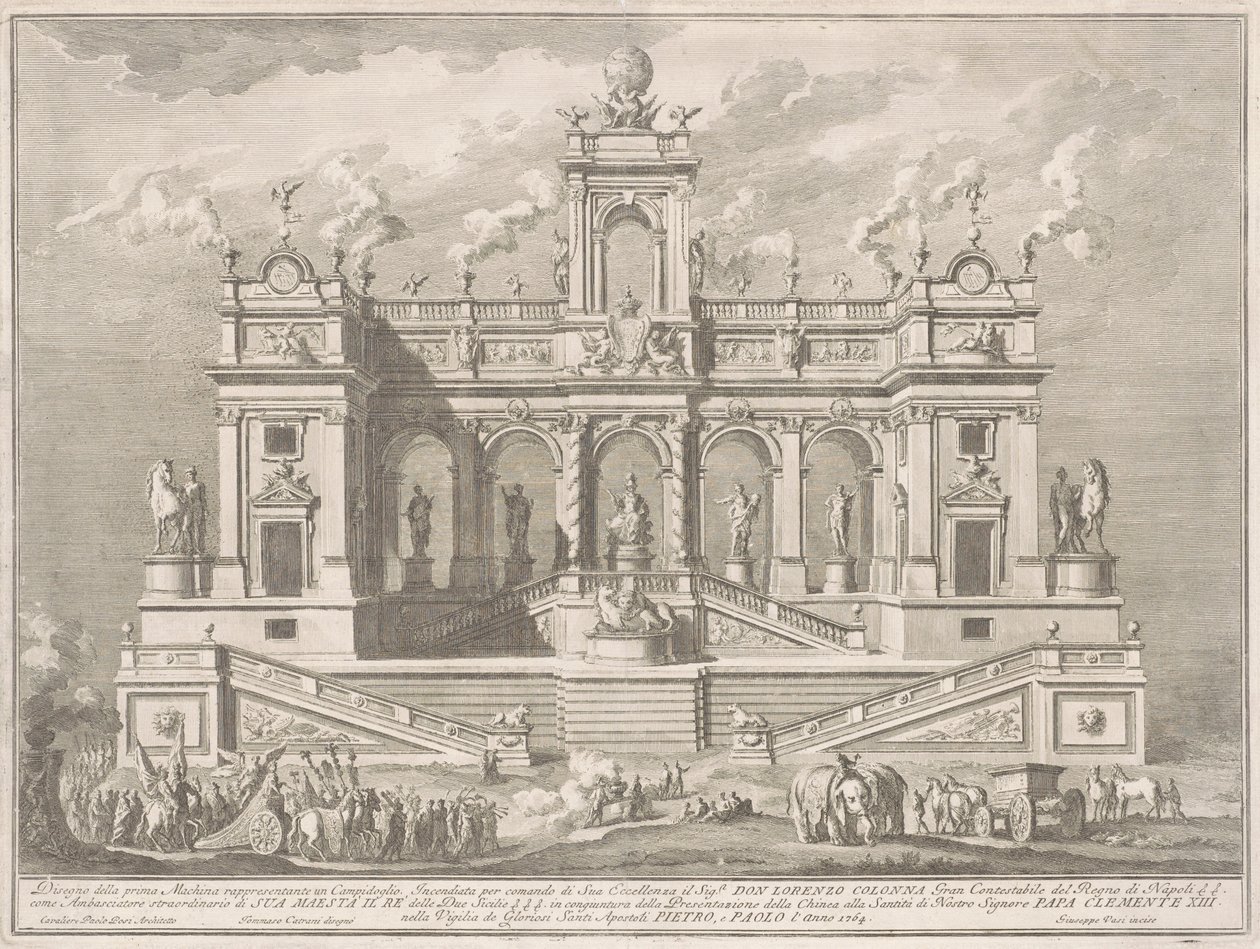 De Prima Macchina voor de Chinea van 1764: Een Capitoolgebouw door Giuseppe Vasi, after Tommaso Catrani, after Paolo Posi