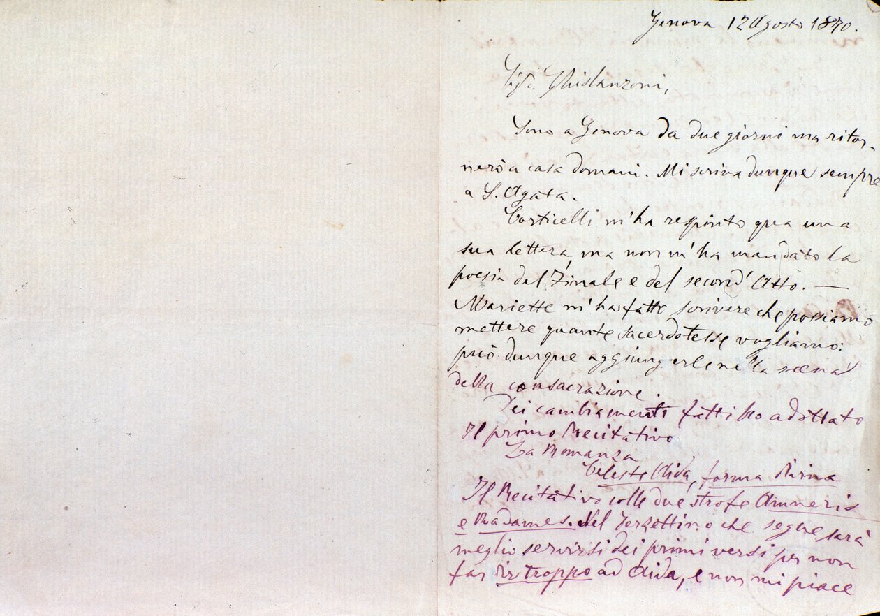 Handgeschreven brief van Giuseppe Verdi aan Aida librettist Antonio Ghislanzoni door Giuseppe Verdi