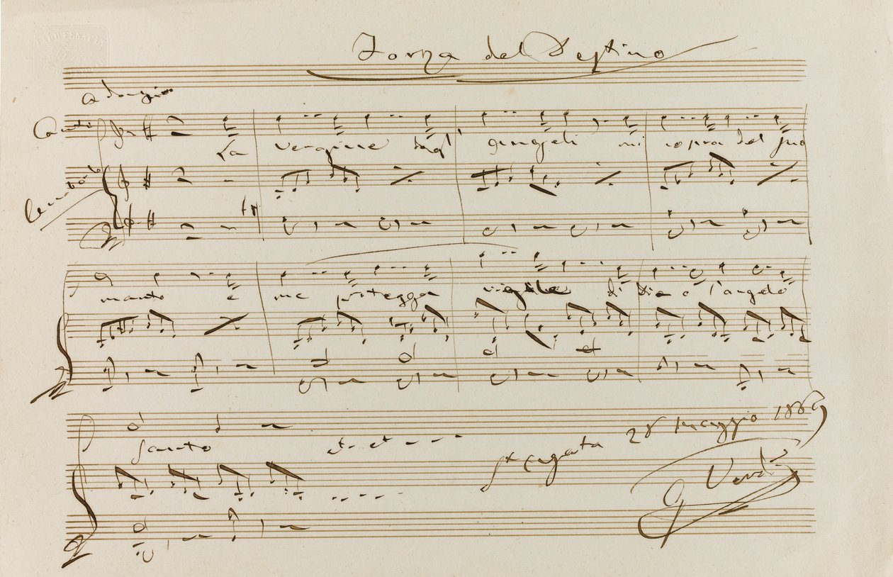 Muzikale citaat uit La forza del destino, St Agata, 28 mei 1869, 1869 door Giuseppe Verdi