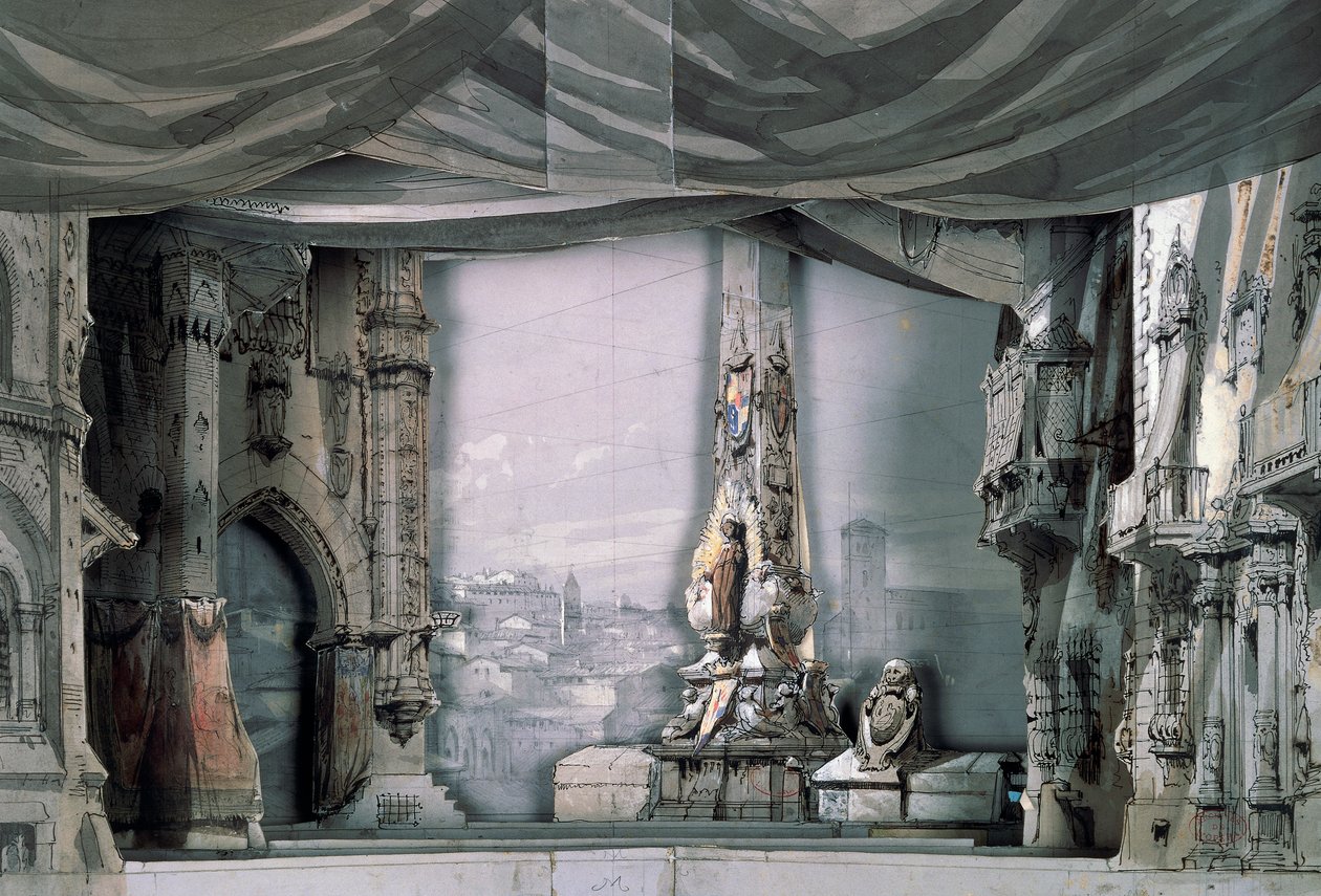 Plein voor de Kathedraal van Valladolid, Act III, Scene IV, decorontwerp voor Don Carlos door Giuseppe Verdi door Giuseppe Verdi