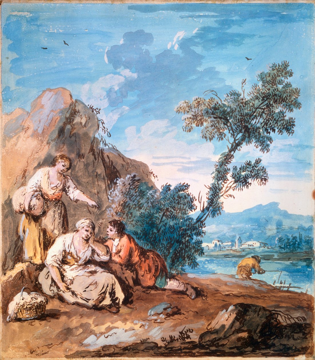 Drie boeren rustend aan een rivier, ca. 1750 door Giuseppe Zais