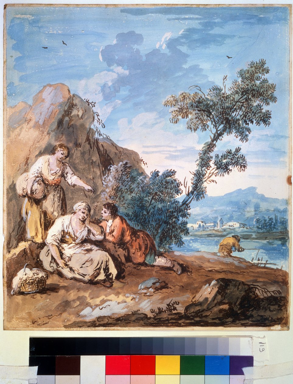 Drie boeren rustend aan de oever van een rivier door Giuseppe Zais