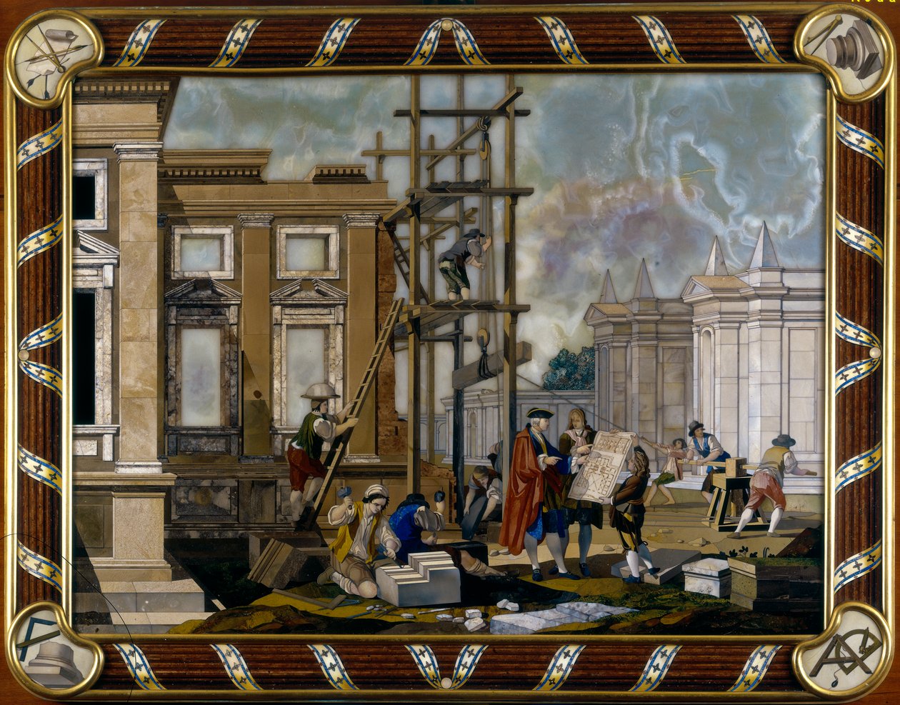 Paneel in pietra dura inlegwerk dat architectuur uitbeeldt door Giuseppe Zocchi