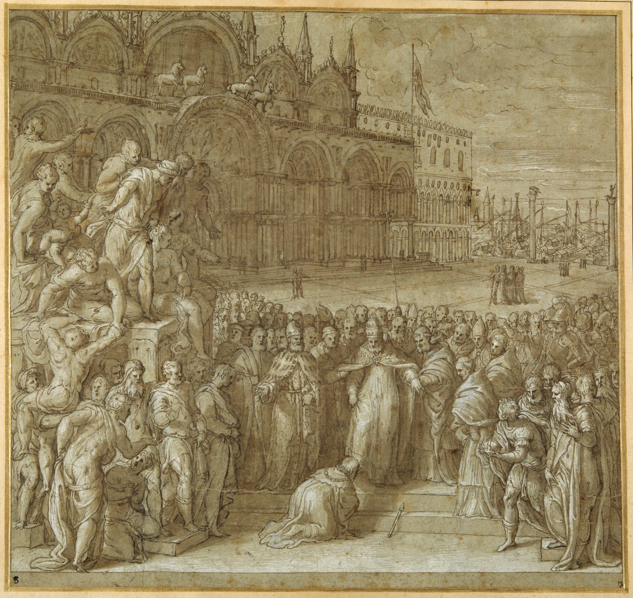 De verzoening tussen paus Alexander III en Frederik Barbarossa, in aanwezigheid van doge Sebastiano Ziani door Giuseppe della Porta Salviati