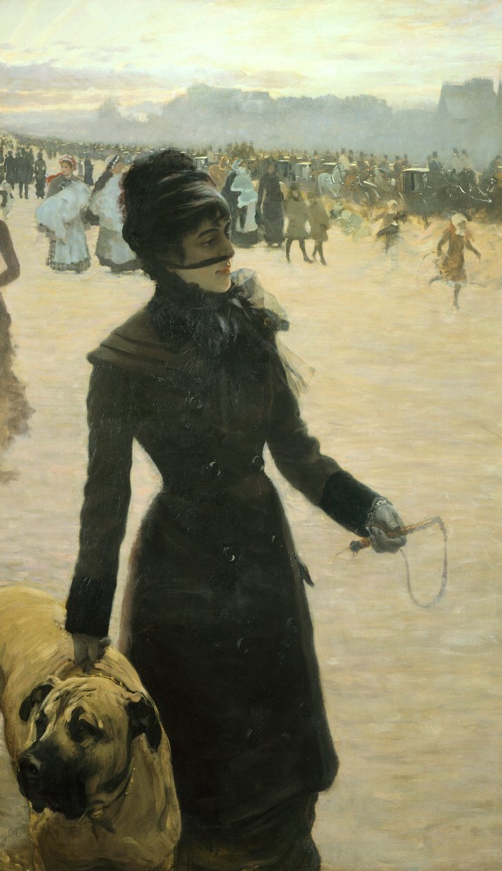 Terugkeer uit het Bois de Boulogne, Dame met een hond door Giuseppe or Joseph de Nittis