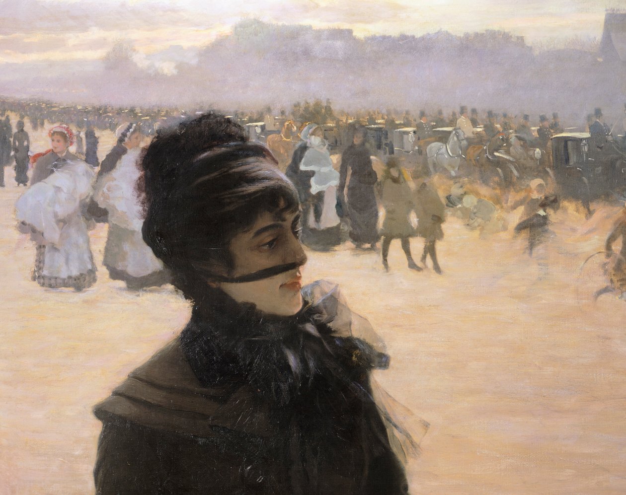 Terugkeer uit het Bois de Boulogne, Dame met een Hond (detail) door Giuseppe or Joseph de Nittis