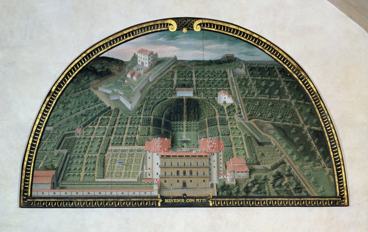 Fort Belvedere en het Pitti-paleis uit een serie lunetten met afbeeldingen van de Medici-villa