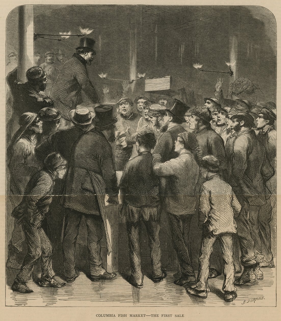 Columbia Vismarkt - de eerste verkoop (gravure) door Godefroy Durand