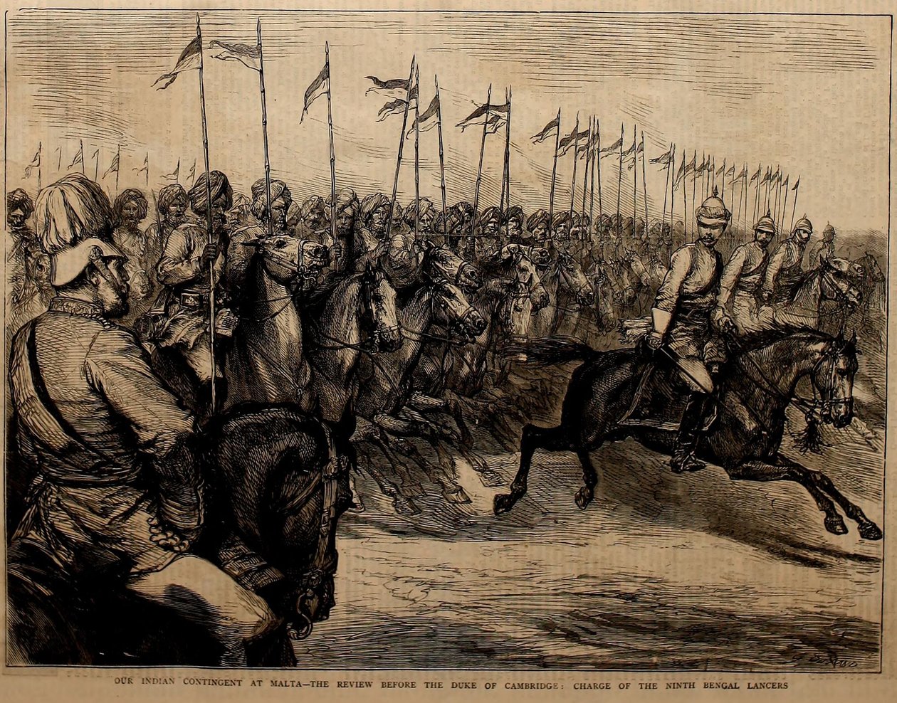 Ons Indiase Contingent op Malta, de Review voor de Duke of Cambridge, Charge of the Ninth Bengal Lancers. door Godefroy Durand