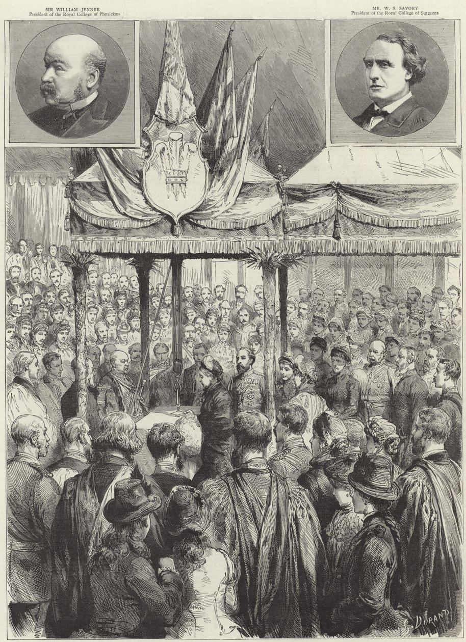 De koningin legt de eerste steen van de nieuwe medische onderzoekshal op de Victoria Embankment (gravure) door Godefroy Durand