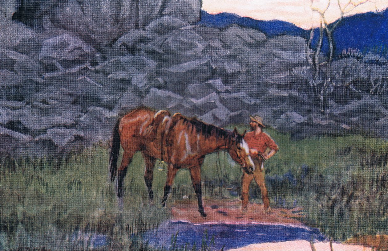 Wolf en hond, uit Gedichten van Adam Lindsay Gordon gepubliceerd door T. N. Foulis, 1912 door Godfrey Douglas Giles
