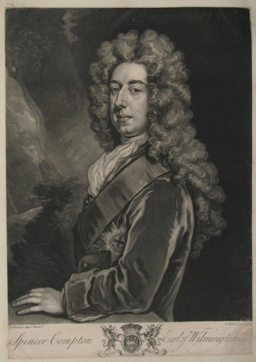 Spencer Compton, Graaf van Wilmington, prent door John Faber, 1734 door Godfrey Kneller