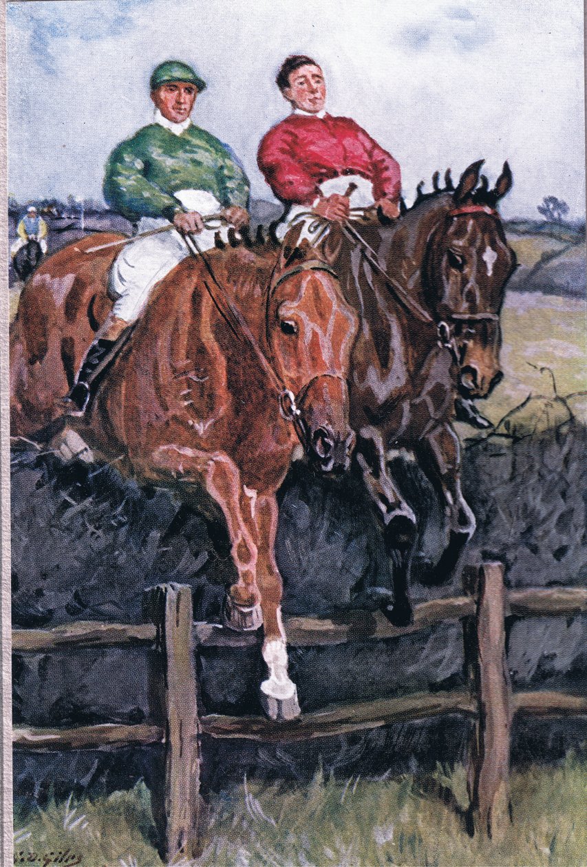 Hoe we de favoriet versloegen: Nek aan nek, uit Gedichten van Adam Lindsay Gordon gepubliceerd door T. N. Foulis, 1912 door Godfrey Douglas Giles