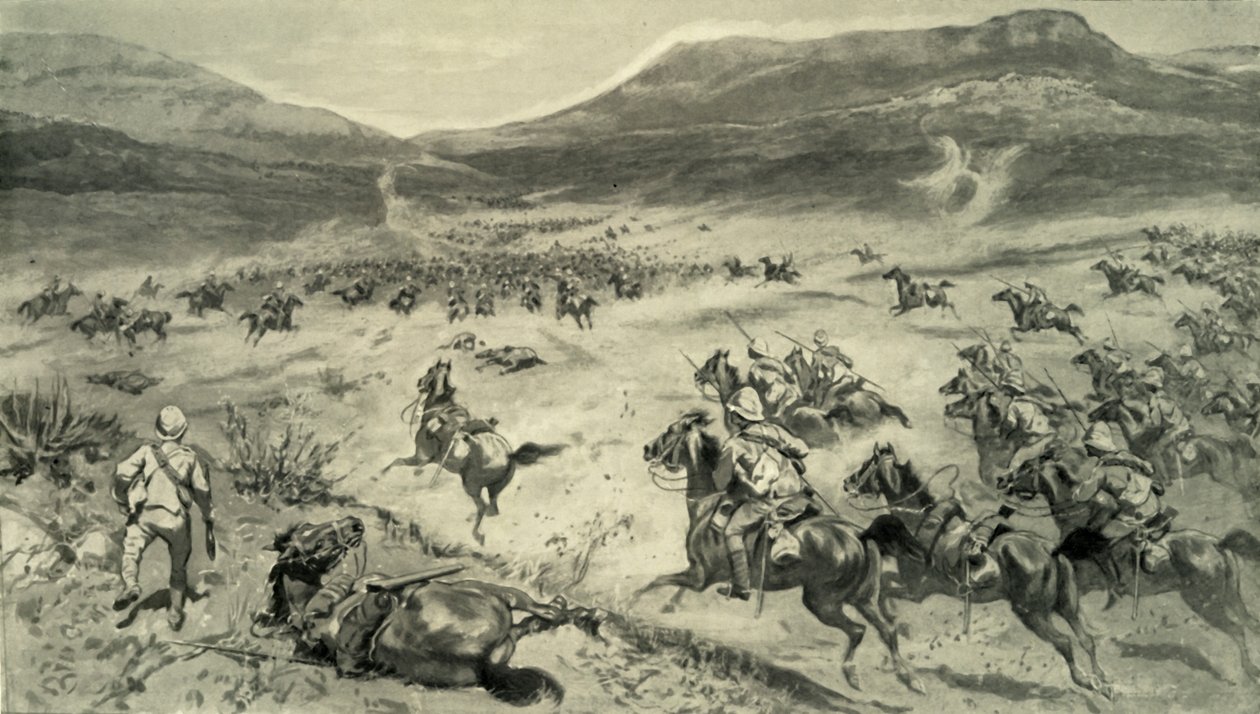 De Laatste Stand van de Boeren voor Kimberley - Aanval van Britse Cavalerie, 1900 door Godfrey Douglas Giles