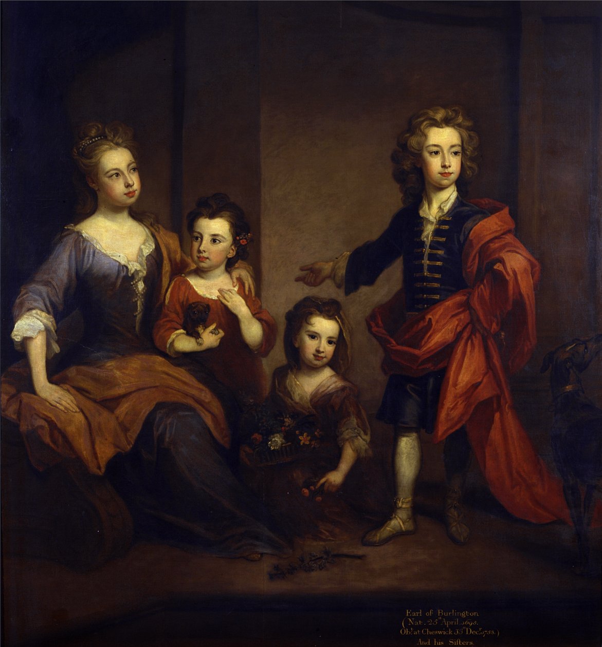 Portret van Richard Boyle, 3e Graaf van Burlington, met zijn drie zusters, Elizabeth, Juliana en Jane Boyle, ca. 1700 door Godfrey Kneller
