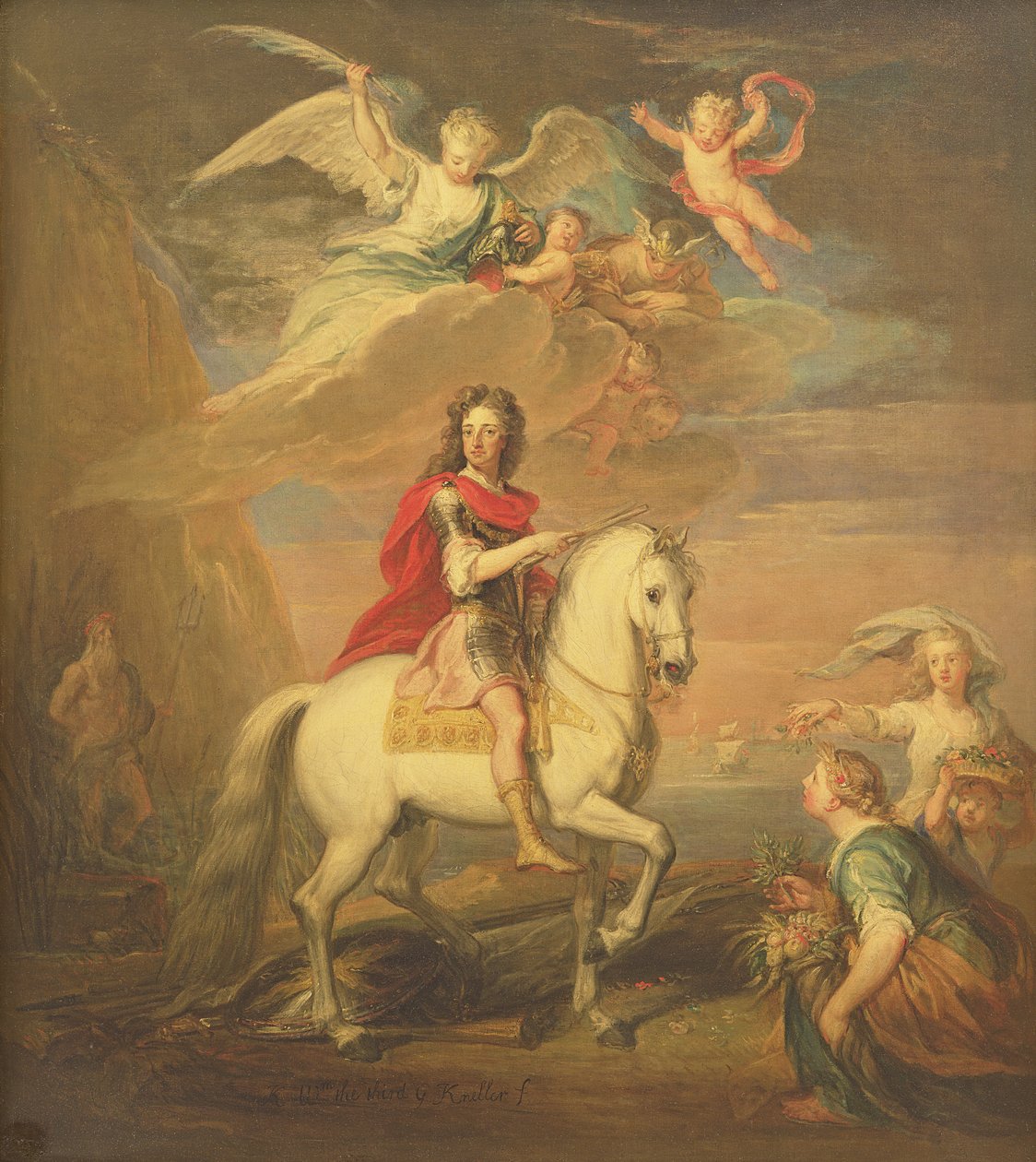 Willem III op een grijze hengst geobserveerd door Neptunus, Ceres en Flora. Mercurius in de lucht en Astrea door Godfrey Kneller