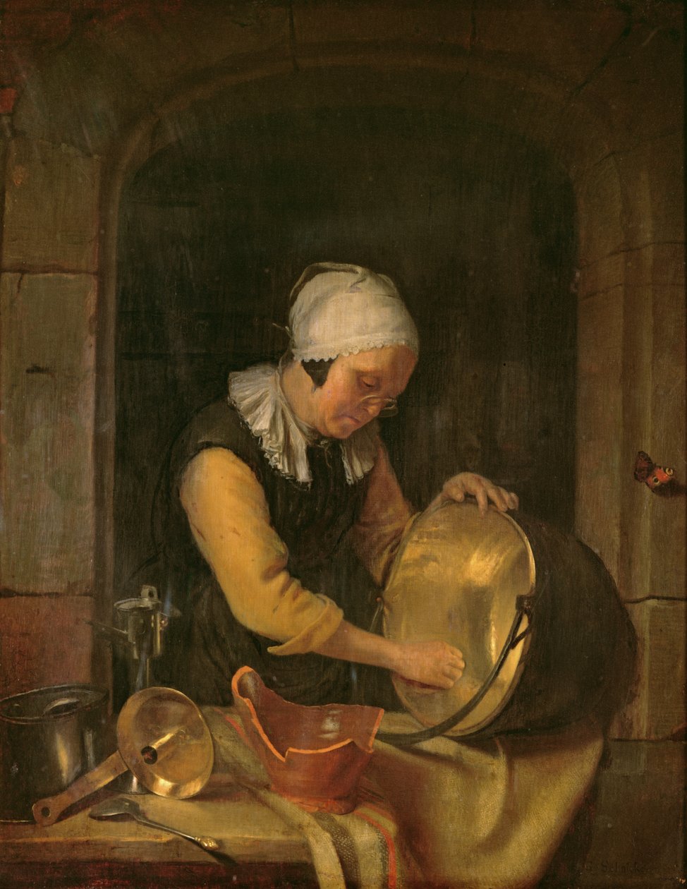 Een Oude Vrouw die een Pot Schuurt, c.1660 door Godfried Schalcken
