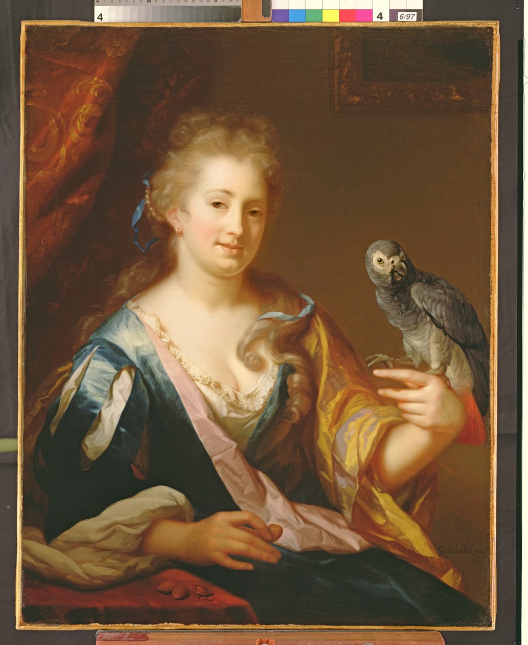 Portret van een dame die een papegaai voedt door Godfried Schalcken