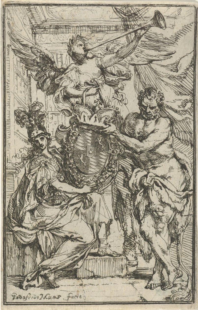 Minerva, Hercules en Faam met wapenschild door Godfried Maes